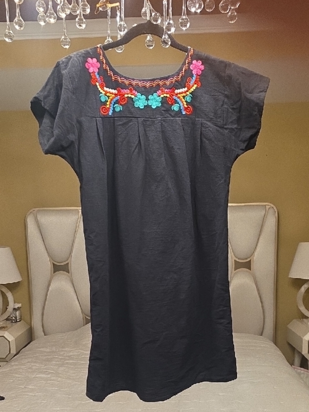 YZXDORWJ Embroidered Black Mini Dress with Multicolor Floral Detail S Overssized - Picture 5 of 15